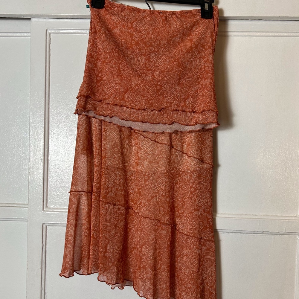 See You Monday 2 piece Asymmetrical Paisley Orange Skirt Tube Top Flowy Sheer